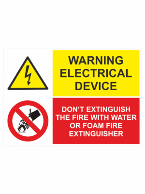 Bezpečnostní vícejazyčná tabulka: Warning electrical device / Don't extinguish the fire with water or foam fire etinguisher