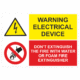 Bezpečnostní vícejazyčná tabulka: Warning electrical device / Don't extinguish the fire with water or foam fire etinguisher