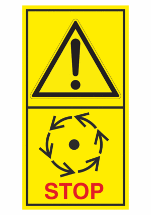 Značení strojů dle ISO 11 684 - Kombinovaný štítek: Výstraha / Před manipulaci otevřením až do úplného zastavení pohybujících se částí (Vertikální)