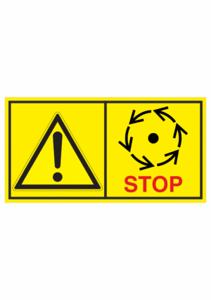 Značení strojů dle ISO 11 684 - Kombinovaný štítek: Výstraha / Před manipulaci otevřením až do úplného zastavení pohybujících se částí (Horizontální)