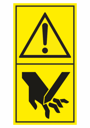 Značení strojů dle ISO 11 684 - Kombinovaný štítek: Výstraha / Nebezpečí useknutí prstů na ruce (Vertikální)