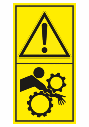 Značení strojů dle ISO 11 684 - Kombinovaný štítek: Výstraha / Nebezpečí vtáhnutí ruky do stroje (Vertikální)