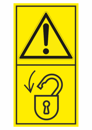 Značení strojů dle ISO 11 684 - Kombinovaný štítek: Výstraha / Zajisti nebezpečný prostor před začátkem prací (Vertikální)