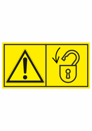 Značení strojů dle ISO 11 684 - Kombinovaný štítek: Výstraha / Zajisti nebezpečný prostor před začátkem prací (Horizontální)