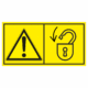 Značení strojů dle ISO 11 684 - Kombinovaný štítek: Výstraha / Zajisti nebezpečný prostor před začátkem prací (Horizontální)