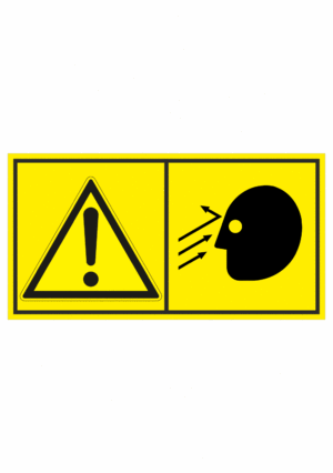 Značení strojů dle ISO 11 684 - Kombinovaný štítek: Výstraha / Nebezpečí zásahu hlavy letícími objekty (Horizontální)