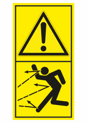 Značení strojů dle ISO 11 684 - Kombinovaný štítek: Výstraha / Nebezpečí zásahu letícími objekty (Vertikální)