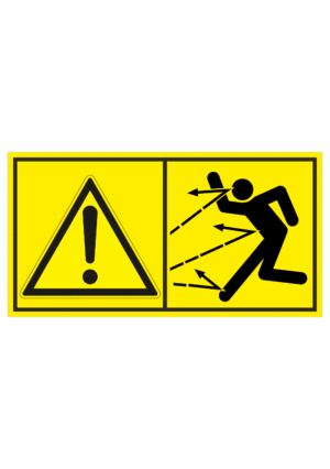 Značení strojů dle ISO 11 684 - Kombinovaný štítek: Výstraha / Nebezpečí zásahu letícími objekty (Horizontální)