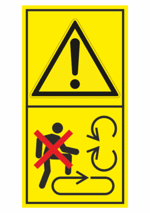 Značení strojů dle ISO 11 684 - Kombinovaný štítek: Výstraha / Nevstupujte na pohyblivé části (Vertikální)