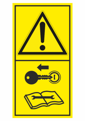 Značení strojů dle ISO 11 684 - Kombinovaný štítek: Výstraha / Před údržbou a opravou strojů vyjmi klíč (Vertikální)