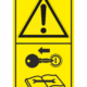 Značení strojů dle ISO 11 684 - Kombinovaný štítek: Výstraha / Před údržbou a opravou strojů vyjmi klíč (Vertikální)