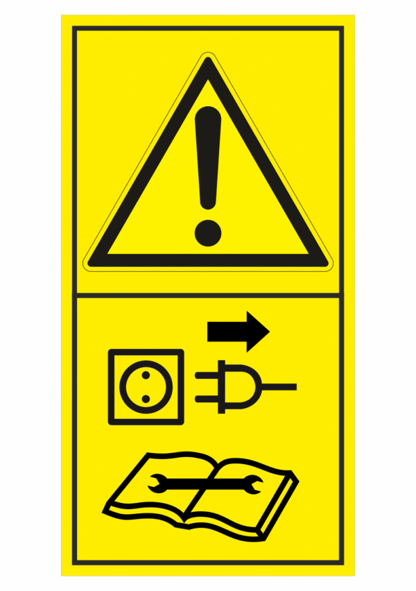 Značení strojů dle ISO 11 684 - Kombinovaný štítek: Výstraha / Před údržbou a opravou strojů odpojte ze sítě (Vertikální)