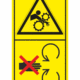 Značení strojů dle ISO 11 684 - Kombinovaný štítek: Nebezpečí vtažení / Neodstraňuj bezpečnostní kryt pokud je stroj v běhu (Vertikální)