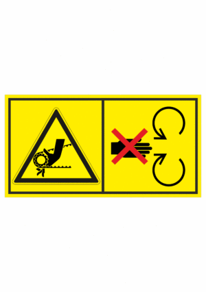 Značení strojů dle ISO 11 684 - Kombinovaný štítek: Nebezpečí řetěz nebo ozubený řemen / Neodstraňuj bezpečnostní kryt pokud je stroj v běhu (Horizontální)
