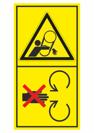 Značení strojů dle ISO 11 684 - Kombinovaný štítek: Nebezpečí pásový pohon / Neodstraňuj bezpečnostní kryt pokud je stroj v běhu (Vertikální)