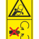 Značení strojů dle ISO 11 684 - Kombinovaný štítek: Nebezpečí pásový pohon / Neodstraňuj bezpečnostní kryt pokud je stroj v běhu (Vertikální)