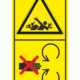 Značení strojů dle ISO 11 684 - Kombinovaný štítek: Nebezpečí točicí hřídel / Neodstraňuj bezpečnostní kryt pokud je stroj v běhu (Vertikální)