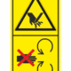 Značení strojů dle ISO 11 684 - Kombinovaný štítek: Nebezpečí useknutí prstů nebo ruky / Neodstraňuj bezpečnostní kryt pokud je stroj v běhu (Vertikální)