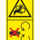 Značení strojů dle ISO 11 684 - Kombinovaný štítek: Nebezpečí vtažení prstů / Neodstraňuj bezpečnostní kryt pokud je stroj v běhu (Vertikální)