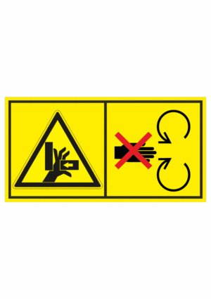 Značení strojů dle ISO 11 684 - Kombinovaný štítek: Nebezpečí stlačení ruky / Neodstraňuj bezpečnostní kryt pokud je stroj v běhu (Horizontální)