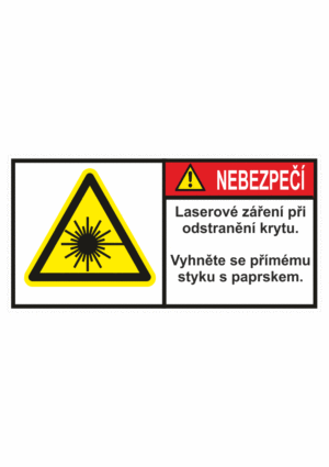 Značení strojů dle ISO 3864-2 - Nebezpečí: "Laserové záření pří odstranění krytu / Vyhněte se přímému styku s paprskem"