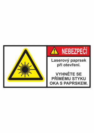 Značení strojů dle ISO 3864-2 - Nebezpečí: "Laserový paprsek při otevření / Vyhněte se přímému styku oka s paprskem"