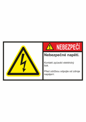 Značení strojů dle ISO 3864-2 - Nebezpečí: "Nebezpečné napětí / Kontakt způsobí elektrický šok / Před údržbou odpojte"