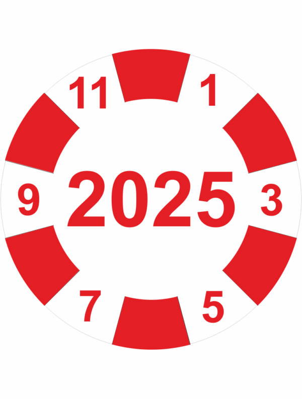 Kontrolné koliesko na 1 rok - Štítok s dátumom 2025 červený
