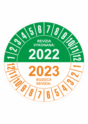 Kontrolné a kalibračné značení - Koliesko na 2 roky: Revízia vykonaná 2022 / Budúca revízia 2023 (Zelenooranžové)