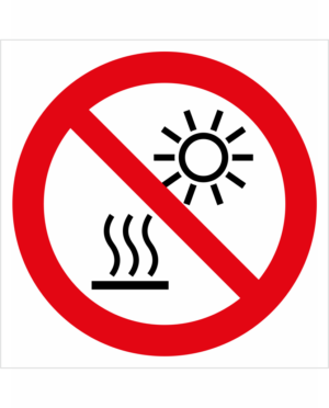 Zákazová bezpečnostná značka - Symbol bez textu: Nevystavujte priamemu slnku alebo horúčave