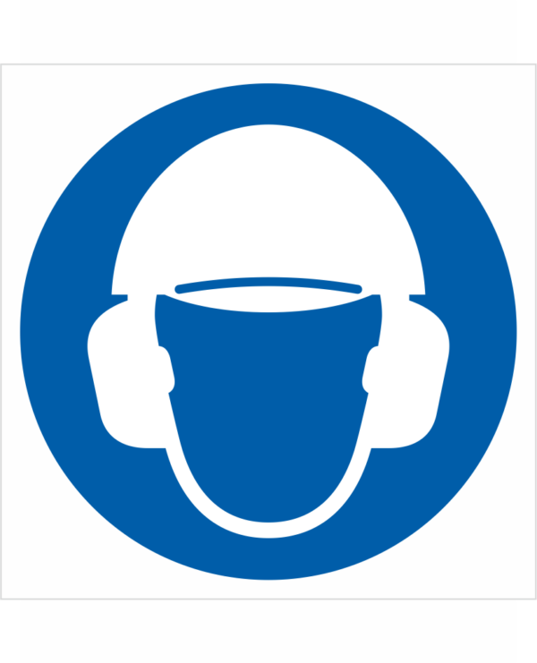 Príkazová bezpečnostná značka - Symbol bez textu: Použi ochranu sluchu a hlavy