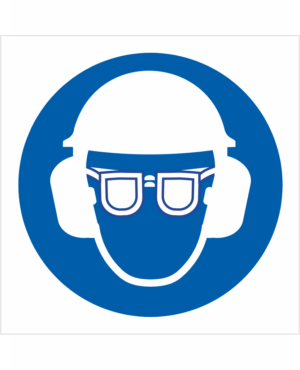 Príkazová bezpečnostná značka - Symbol bez textu: Použi ochranu zraku, sluchu a hlavy