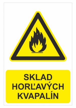 Bezpečnostné značky výstražné - Výstražná značka s textom: Sklad horľavých kvapalín