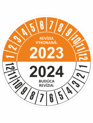 Kontrolné a kalibračné značení - Koliesko na 2 roky: Revízia vykonaná 2023 / Budúca revízia 2024 (Oranžovočierné)