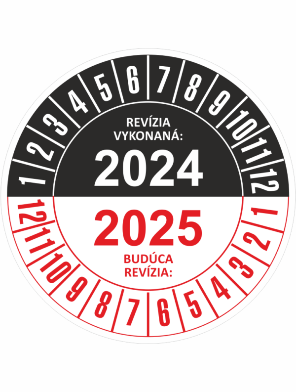 Kontrolné a kalibračné značení - Koliesko na 2 roky: Revízia vykonaná 2024 / Budúca revízia 2025 (Čiernočervené)