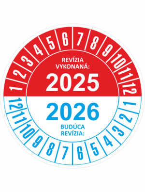 Kontrolné a kalibračné značení - Koliesko na 2 roky: Revízia vykonaná 2025 / Budúca revízia 2026 (Červenomodré)