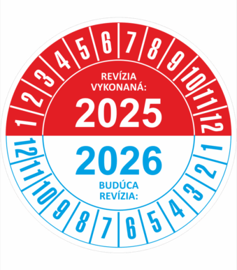 Kontrolné a kalibračné značení - Koliesko na 2 roky: Revízia vykonaná 2025 / Budúca revízia 2026 (Červenomodré)