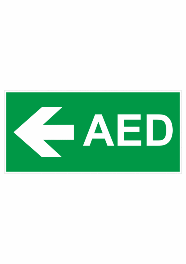 Bezpečnostné zachranné značky - Symboly bezpečí: Text AED a symbol šipky vľavo