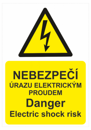 Viacjazyčné bezpečnostná tabulka - Text + symbol: Nebezpečenstvo úrazu el. proudem / Danger electric shock risk