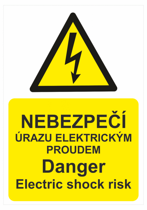 Viacjazyčné bezpečnostná tabulka - Text + symbol: Nebezpečenstvo úrazu el. proudem / Danger electric shock risk