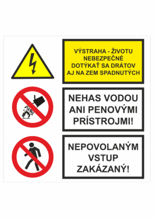Bezpečnostné značenie - Kombinované tabuľky: Výstraha, Nedotýkat se drátov / Nehas vodou ani penovými prístrojmi! / Nepovolaným vstup zakázaný!