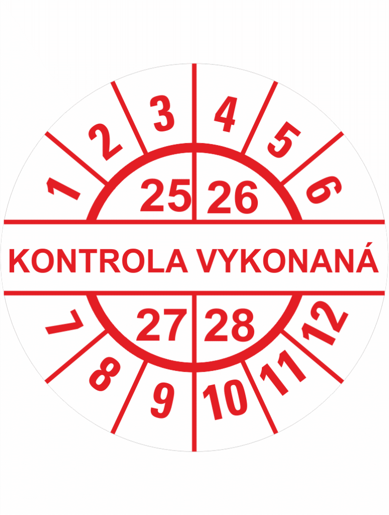 Kontrolné a kalibračné značení - Koliesko na 4 roky: Štítok Kontrola vykonaná 25/26/27/28 (Červený)
