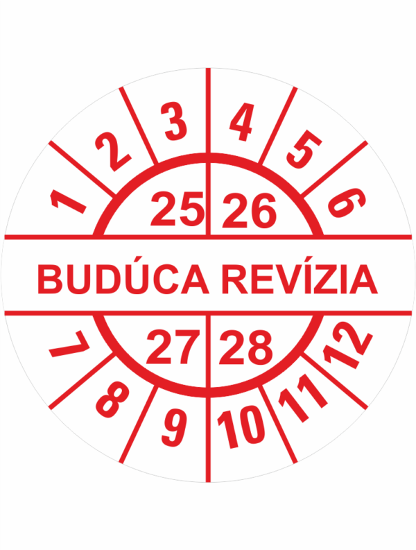 Kontrolné a kalibračné značení - Koliesko na 4 roky: Štítok Budúca revízia 25/26/27/28 (Červené)