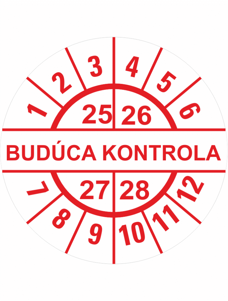 Kontrolné a kalibračné značení - Koliesko na 4 roky: Štítok Budúca kontrola 25/26/27/28 (Červený)