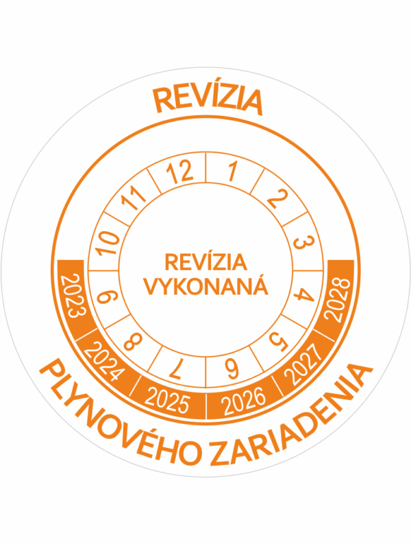 Kontrolné a kalibračné značení - Koliesko na 6 rokov: Revízia plynového zariadenia / Revízia vykonaná 2023-2028