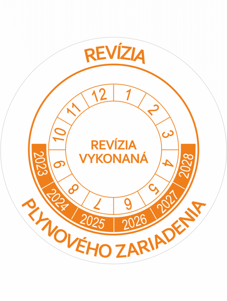 Kontrolné a kalibračné značení - Koliesko na 6 rokov: Revízia plynového zariadenia / Revízia vykonaná 2023-2028