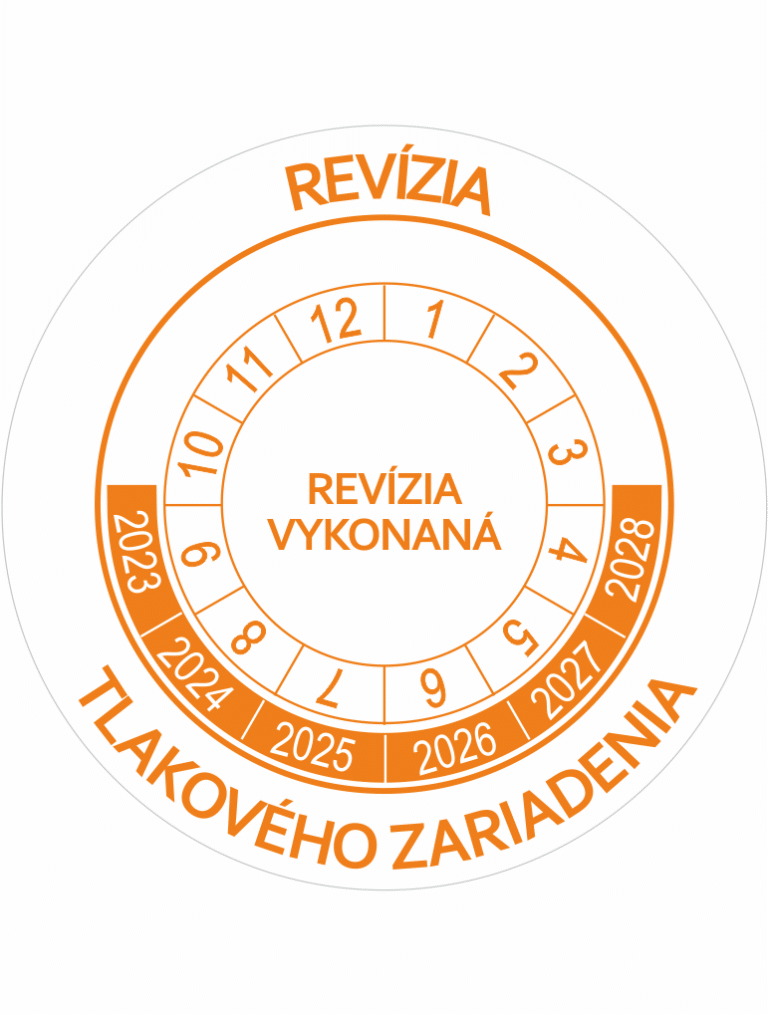 Kontrolné a kalibračné značení - Koliesko na 6 rokov: Revízia tlakového zariadenia / Revízia vykonaná 2023-2028