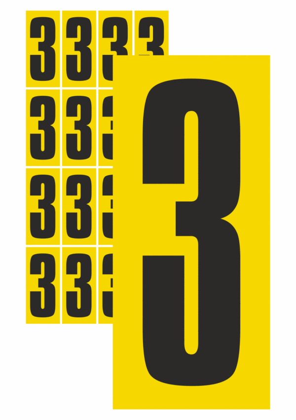 Značky písmen a čísel - Samolepiace tlačené číslo: 3 (Žltý podklad)