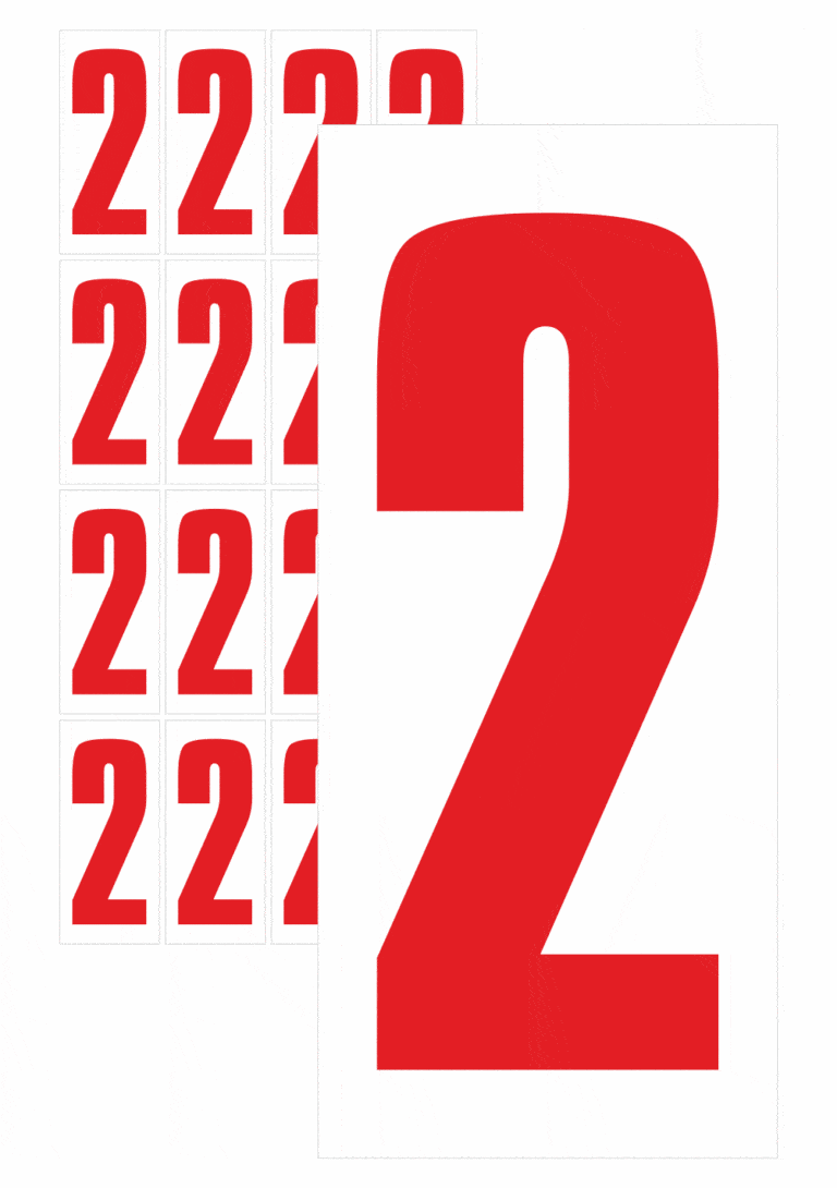Značky písmen a čísel - Samolepiace tlačené číslo na bielom podklade: 2 (Červené)