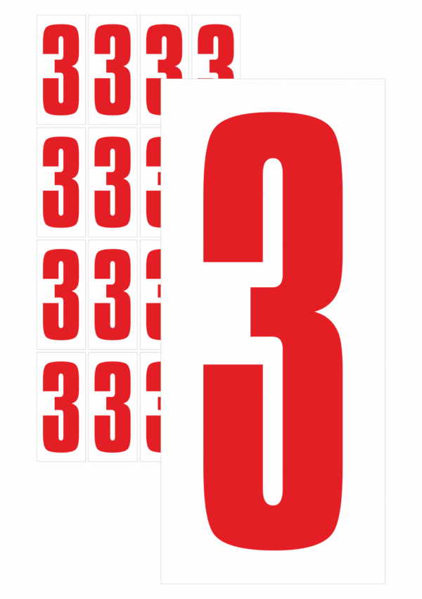 Značky písmen a čísel - Samolepiace tlačené číslo na bielom podklade: 3 (Červené)